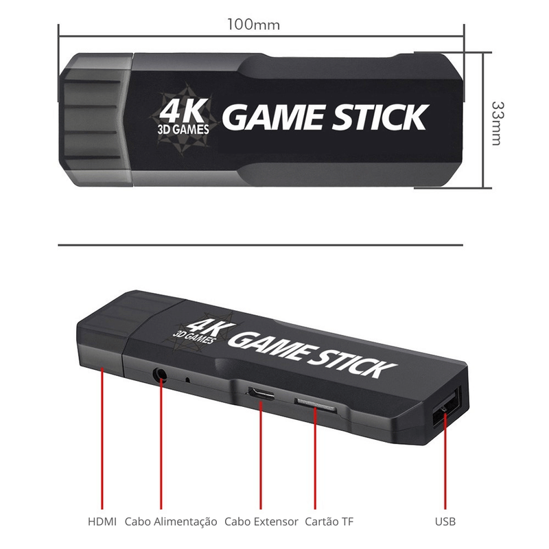 Video Game Stick GD10 Retrô Portátil 4K + 2 Controles Sem Fio 128Gb 64Gb 32Gb