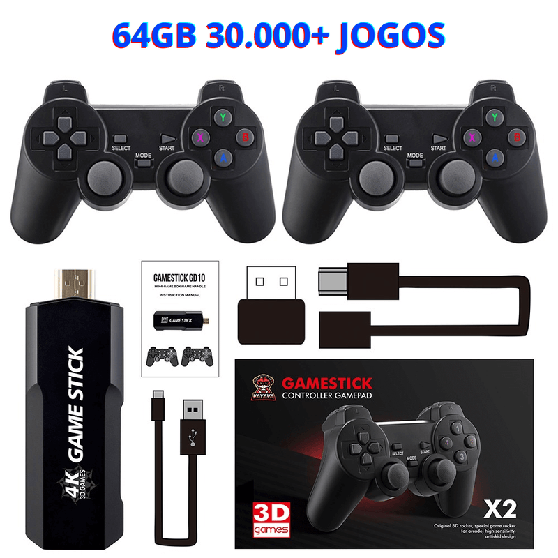 Video Game Stick GD10 Retrô Portátil 4K + 2 Controles Sem Fio 128Gb 64Gb 32Gb